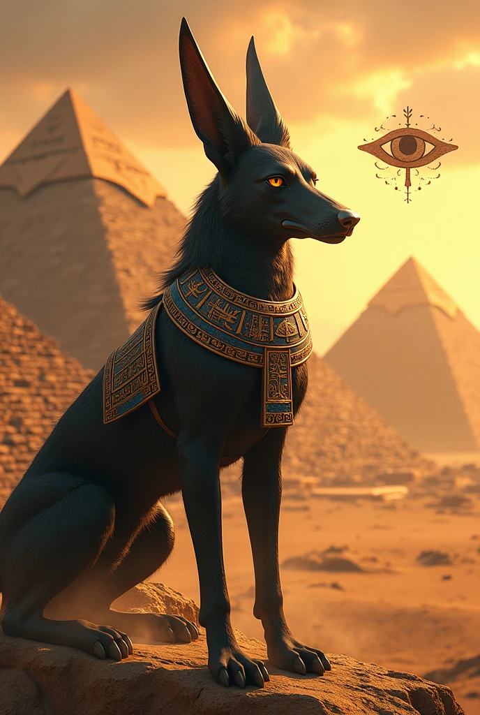 Create an image of the god Anubis with the pyramids and an Egyptian eye, in a realistic style.



