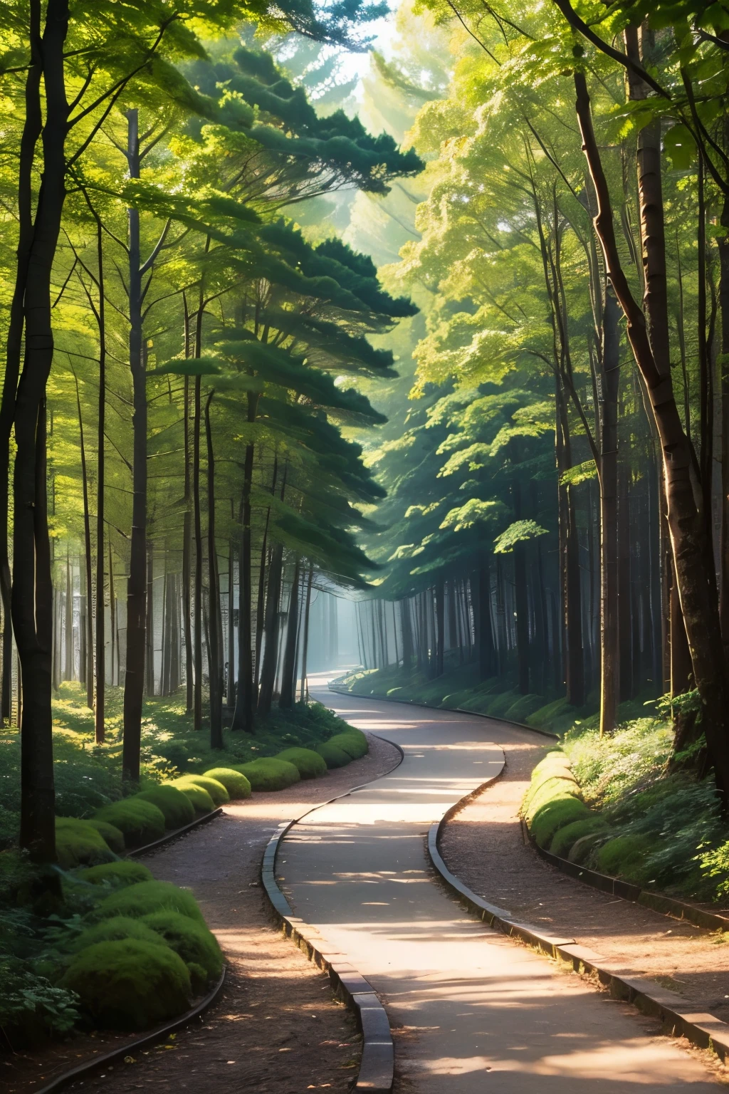 (Highest quality:1.2)。A path in a bright forest。