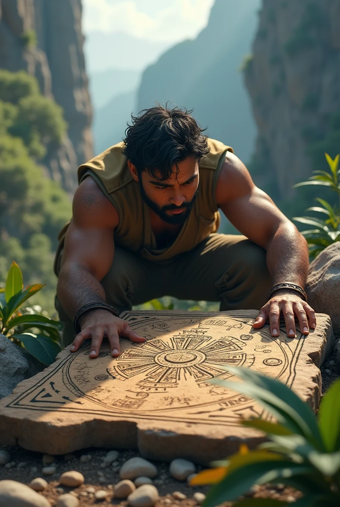 In Cinematic 3D animation style"Arjun discovering an ancient map carved on a stone, guiding him to the cave"