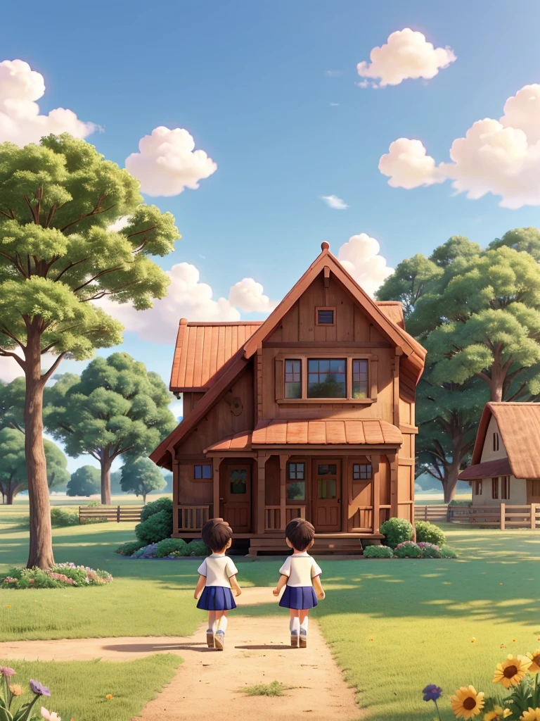 "A heartwarming anime depicting the simple joys of childhood. The main scene features , a girl and a boy, playing happily in a rural field. The image is bathed in warm afternoon sunlight, with trees and flowers surrounding them, creating a natural and peaceful atmosphere. The children are dressed in bright colors, their faces beaming with joy and happiness. A quaint wooden house stands in the distance, against a backdrop of azure sky and fluffy white clouds."