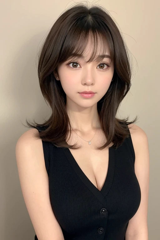Natural Makeup、Elegant adult woman、Medium Cut、The hair is visible from the front.、Layered Cut、Brown Hair、Only the bangs are thin and sparse.、Forehead exposed, looking at camera、Background whiteコンクリート、Studio shot、Shiny, thread-like hair tips、Black vest、Slightly loose curls only at the ends of the hair、Not emphasizing the bust、Keep your chest modest、The tips of the hair should be visible at the front、Bring all your hair forward、Healthy beauty woman、Background white、Make sure the cleavage is not visible.、Reduce hair volume、