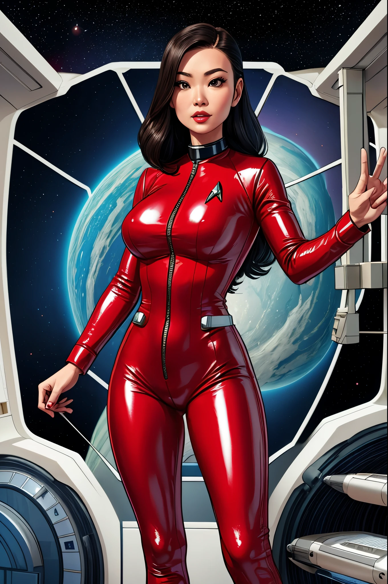 arafed woman in a red leather outfit standing in a space station, as a retro futuristic heroine, in a scifi movie, star trek asian woman, wearing atompunk jumpsuit, in a space cadet outfit,