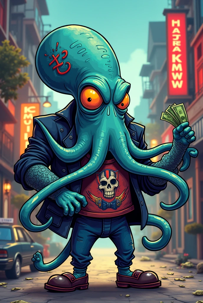 Make me a squid mollusk drug dealer and gangster with a thug tattoo, cartoonized in a not so dark place