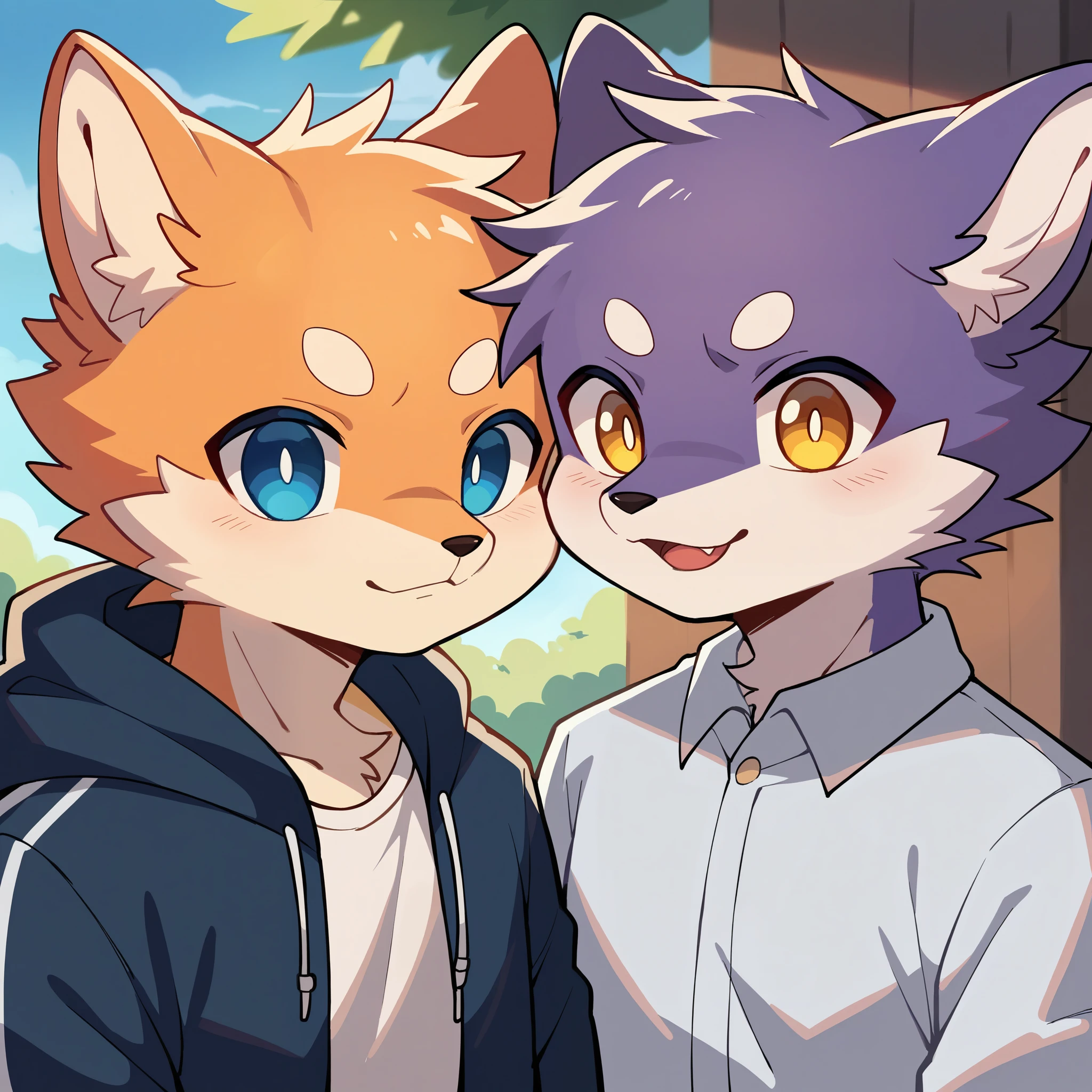 hairy, Purple fur, Super cute face, Purple elements on fur,Yellow eyes,and an orange fur,Blue eyed wolf, Beautiful lighting and shadows, Ambient Light, Extremely fine fur, wearing clothes,Volumetric Light,Separate one!!!,avatar,male!!!,Draw only the head,Two people!!!!,male!!!,male!!!,male!!,Two people standing together,Looking at the camera,都是male!!