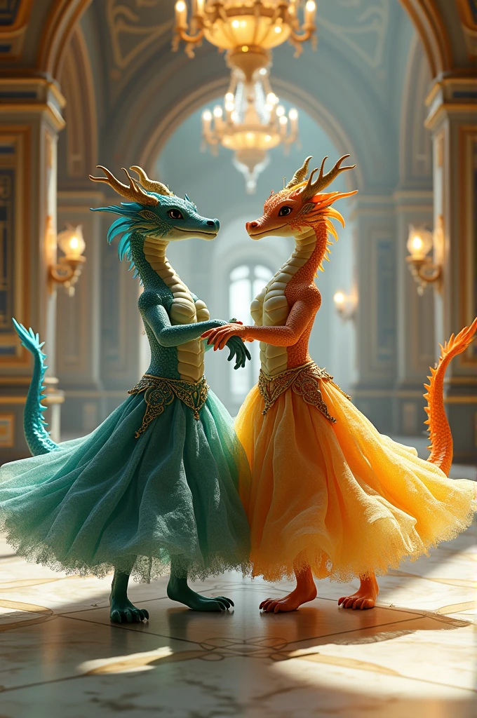 Dragons qui danse le foxtrot en jupons