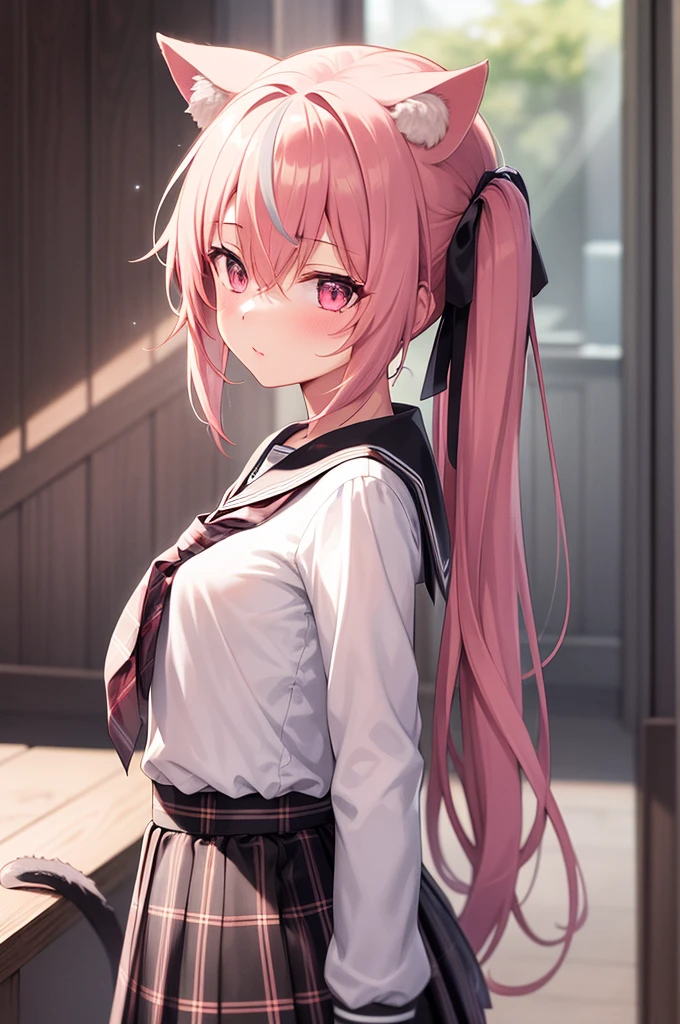 1girl, (upper body:1.3), cat girl, Cat ears, grey hair, streaked hair, pink hair, long hair, hair between eyes, twintails, sailor collar, Yellow tie, highly_detailed, extremely_detailed_CG_unity_8k_wallpaper, highres, absurdres, beautiful_eyes, Exquisite eyes, finely_detailed_clothing, finely_detailed_light, highly_detail_hair_, colorful, light rays, caustics, aistics, lens flare, bokeh, nsfw, flat-chested, pink eyes, silk stockings, JK Uniform Plaid Skirt, school uniform, Light pink mini skirt, blush, score_anime, score_9, score_8_up, masterpiece, beautiful scenery, illustration
