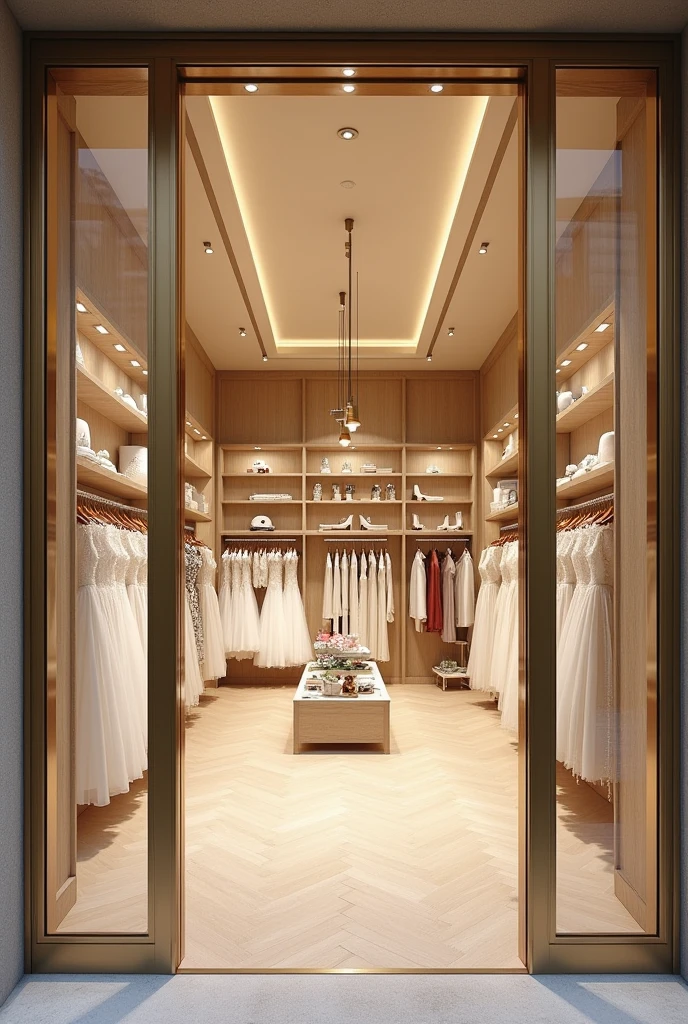 generate a wedding shop that is 5m wide with a breath/depth 9m. the entrance side should be 5m with a bronze aluminium door fully glazed with side lights on both sides. From the entrance there should be a shoe display on both sides followed by a clothing display on both sides then at the end there should be a kitchen. the the cetre of the shop there should be wedding decorative items on display.