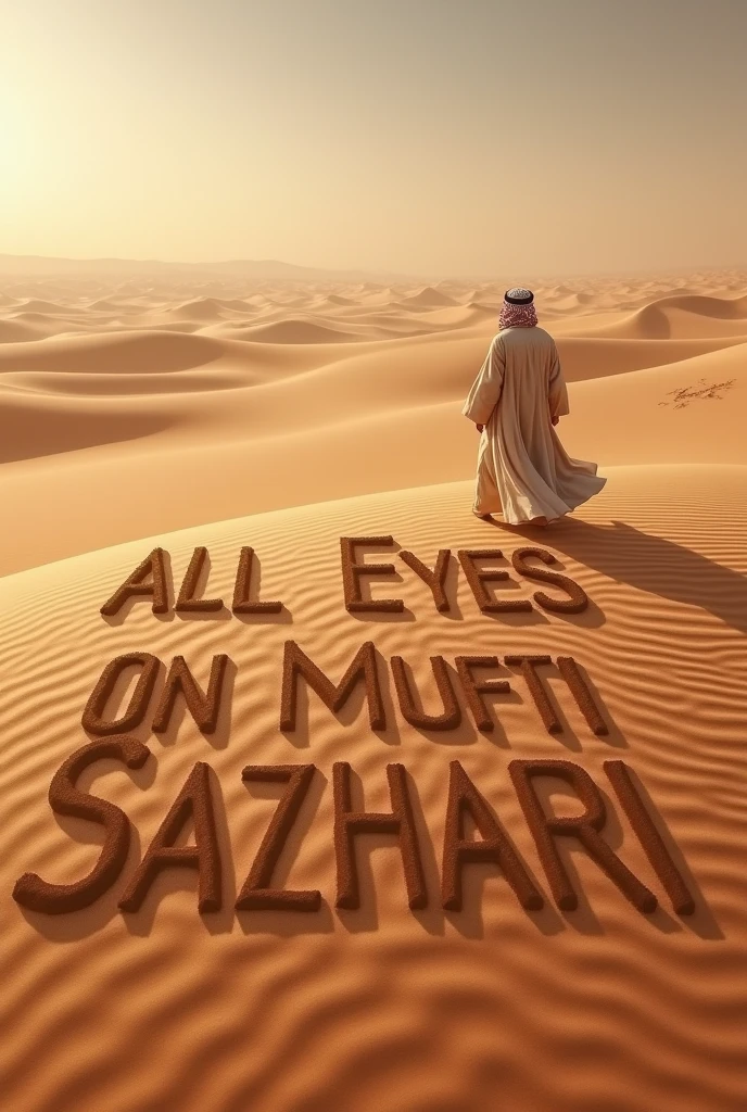 Under the desert writing All EYES ON MUFTI SALMAN AZHARI 