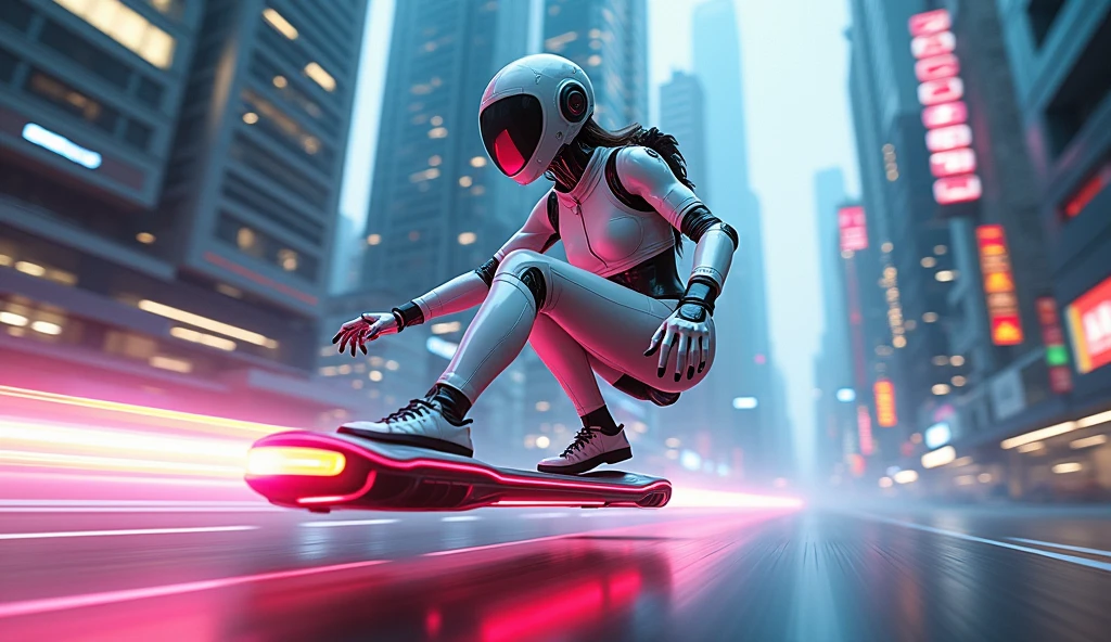 woman in a futuristic suit speeding with ((hover board with white light beams)) in a city, cute cyborg girl, cyborg girl, beautiful girl cyborg wearing matching head robotic cover, face shown, cyborg - girl, cyberpunk anime girl mech, perfect cyborg female, perfect anime cyborg woman, female cyborg, cyberpunk beautiful girl, female cyberpunk anime girl, girl in mecha cyber armor, cyberpunk cyborg, cyberpunk robot, cyberpunk robotic elvish queen, contrast, HDR