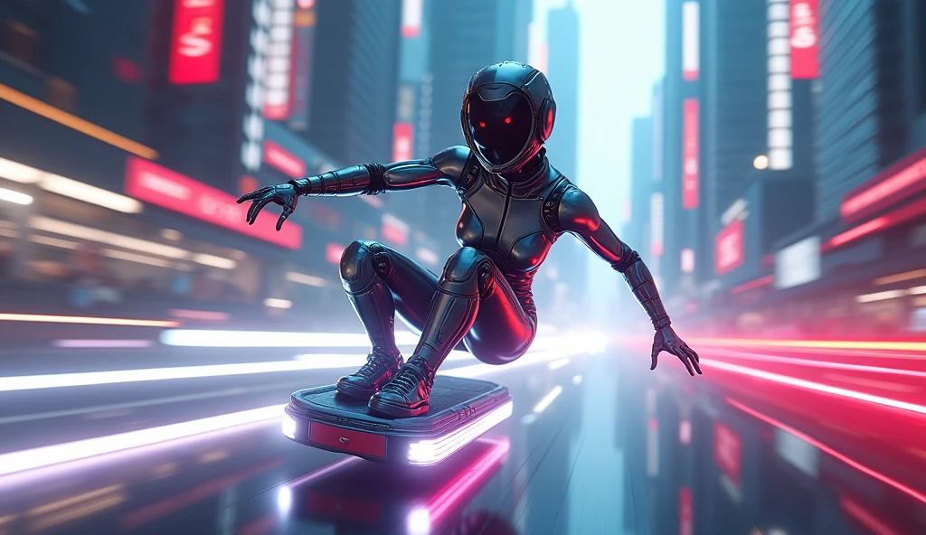 woman in a futuristic suit speeding with ((hover board with white light beams)) in a city, cute cyborg girl, cyborg girl, beautiful girl cyborg wearing matching head robotic cover, face shown, cyborg - girl, cyberpunk anime girl mech, perfect cyborg female, perfect anime cyborg woman, female cyborg, cyberpunk beautiful girl, female cyberpunk anime girl, girl in mecha cyber armor, cyberpunk cyborg, cyberpunk robot, cyberpunk robotic elvish queen, contrast, HDR