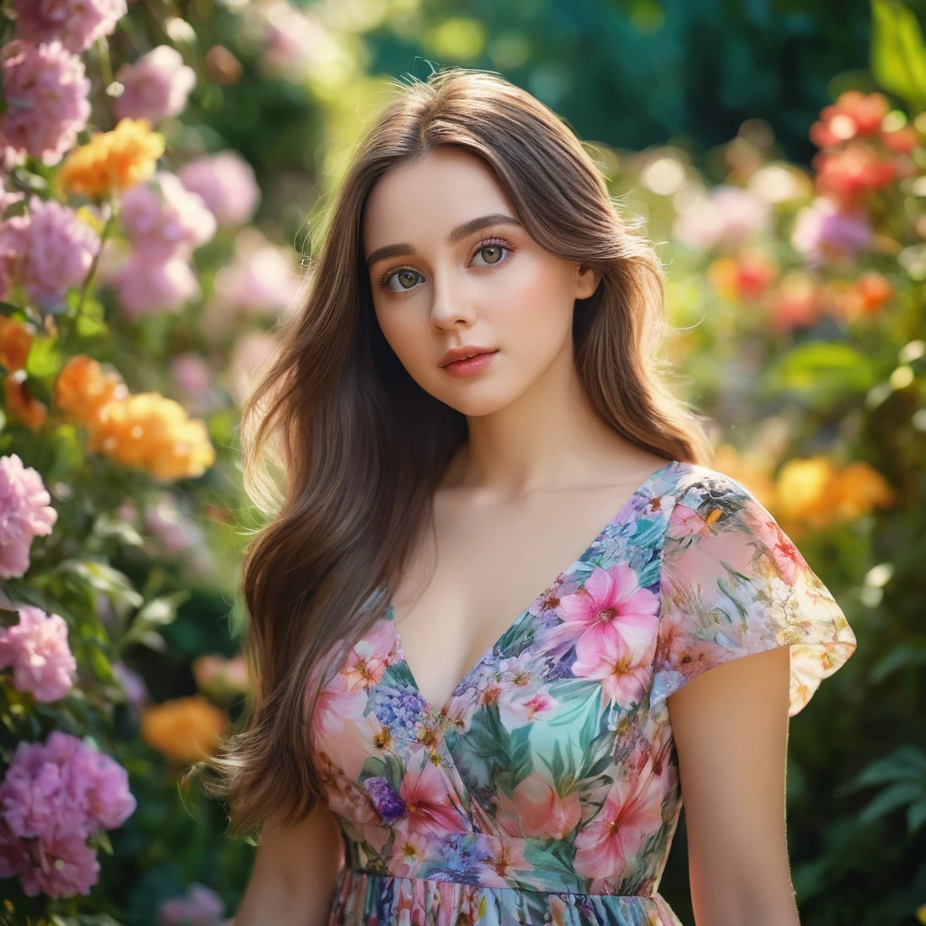 a beautiful cute girl, delicate facial features, large eyes, long eyelashes, small nose, plump lips, charming expression, long flowing hair, floral dress, standing in a lush garden, surrounded by flowers, vibrant colors, magical light, soft focus, cinematic composition, photorealistic, highly detailed, 8K, best quality, masterpiece