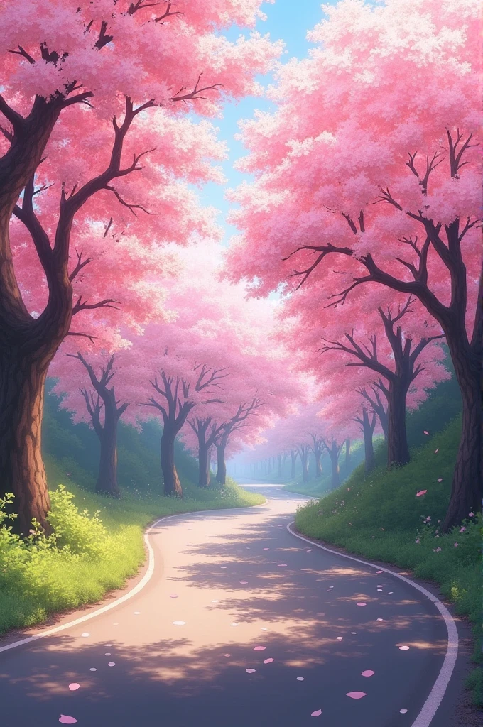 Cherry blossoms dancing along the road