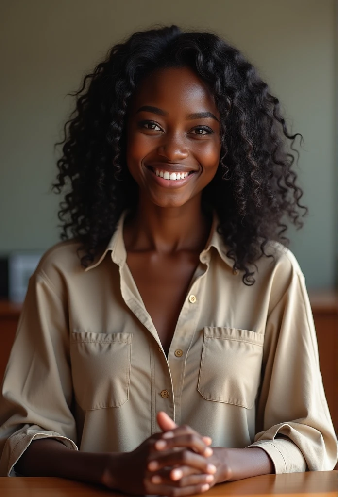 (premier travail:1.1), (photoréalisme:1.1), (1fille), ivoirienne les cheveux africain et ondulés âge de 18ans et obtenant son baccalauréat a Abidjan Belle femme et souriante Fond simple marron ou beige de travail, cheveux différents, Debout et accompagné, Face au directeur lui remettant son diplôme, sereine, ((portrait complet du corps)), (coller), photographie détaillée, très détaillé, 8k, Face à la caméra, Résolution 8K, (de beaux yeux parfaits), brillant, HDR, 8k, netteté, Eye-liner foncé, rouge à lèvres, les gens en arrière-plan, photo colorée, faible profondeur de champ, lumière naturelle, (des mains parfaites), Visage parfait, cheveux humides, yeux sérieux, contraste, salle de réunion,