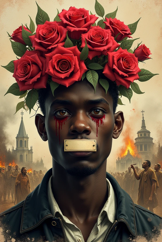 black man with bleeding eyes as roses come out of the eyes on a paper watercolored with coffee, a censorship plate on the mouth, and historical images in the stains of the paper like churches on fire and indigenous people dying in the background of the scene in which he is.