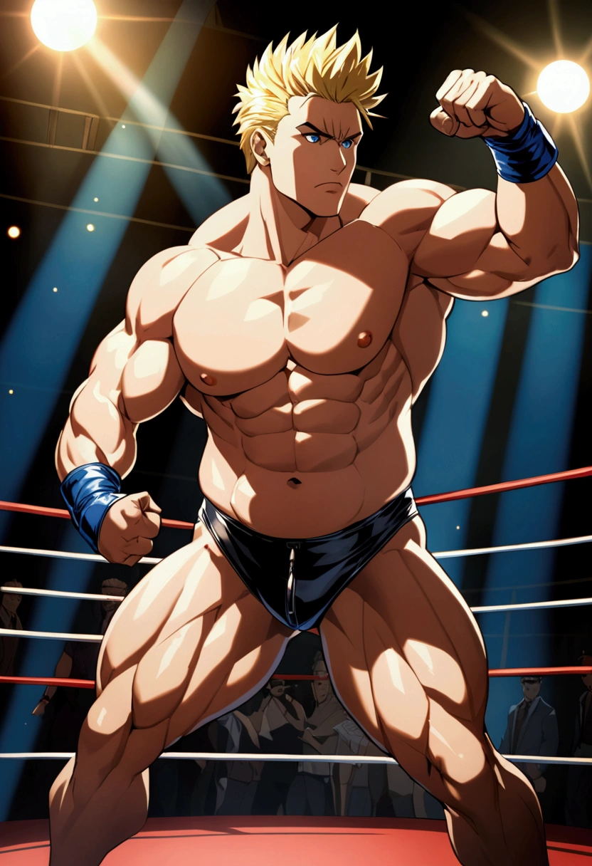 1guy, heavy weight muscular, blonde, masculine handsome dude, tsurime, sanpaku, blue eyes, spiked hair, 24yo, BREAK ideal ratio body proportions, stocky waist, muscular plump, sharp eyes, BREAK solo, topless, black wrestling bikini, nipples, abs, fighting stance, hollywood action, on wrestling ring, detailed background BREAK dramatic expression, dutch angle, 1990s, in capcom art style, cinematic shadows, cinematic lighting, lens flare, light leaks, VHS Quality