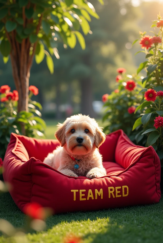 A red dog bed with 'Team Red' written on it in the background of a garden