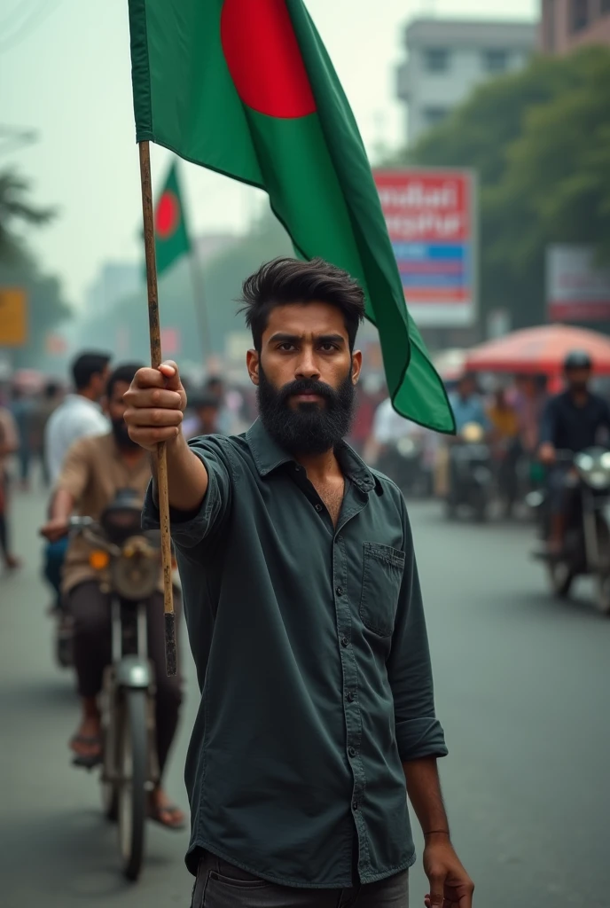 A 27 years old beard boy stand on busy road with Bangladesh flag in hand,  mouth in dark, infront of a place named Konabari Gazipur