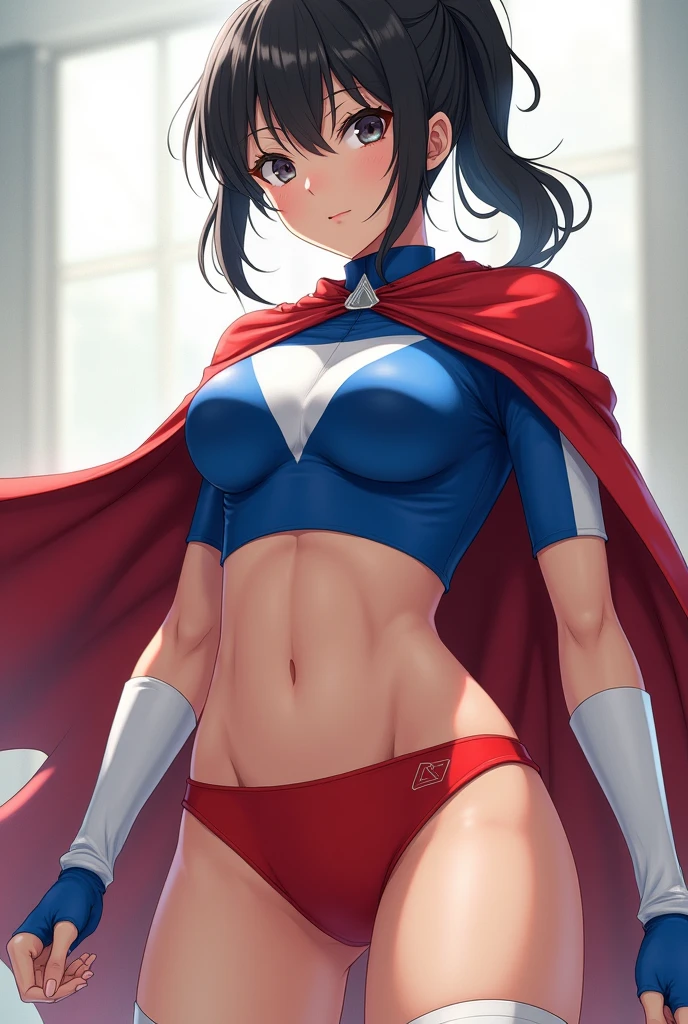 Girl, Japanese, realistic, superheroine, round face, pretty, wide eyes, dark hair, ponytail, athletic build, sexy, costume: spandex, red cape, one-pieced, tight, sleeveless, blue top with white sides, up side down white triangle symbol, exposed belly, red underwear, white thigh-high socks, red boots, short blue fingerless, white shooter sleeves.