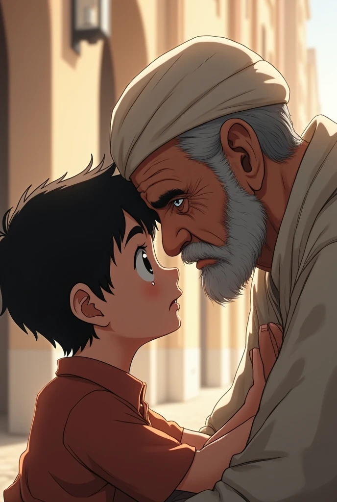 Anime 4 year old boy kisses Bahraini crying old man