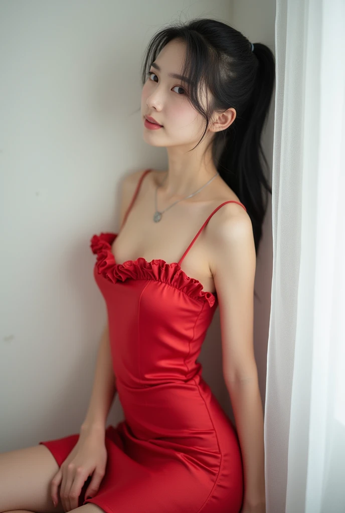 Bergaya photography,young japanese girl,21 years old,Beautiful,black hair tied in a ponytail,ideal plump body,compact chest ideal,wearing a minimalist silver pendant necklace,wearing a sexy satin dress,elegant,frilly,red,lean back Lift your thighs,sexy style, on the white wall,next to a window curtain, best quality 8k,realistic,detail,photography.