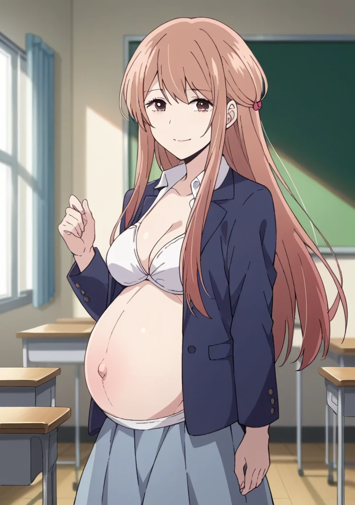score_9, score_8_up, score_7_up, source_anime,
akaneminagawa, akane minagawa, long hair, bangs, brown hair, brown eyes,
shirt, jacket, white bikini, collared shirt, blue jacket, skirt,
indoors, classroom, rubing belly, smile,
looking at viewer, cowboy shot, solo, pregnant, possing,