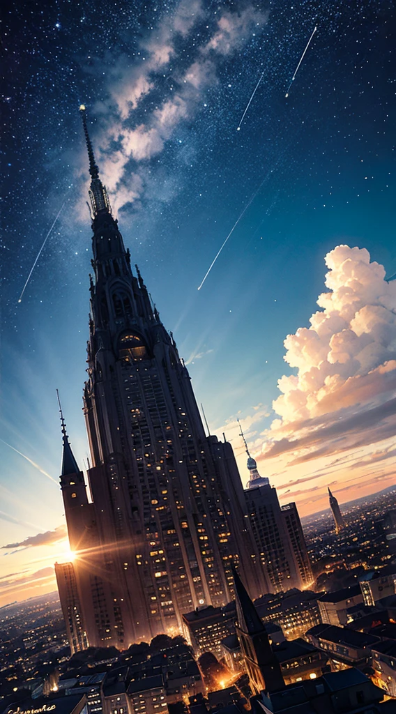 Skysky, As estrelas, scenecy, starrysky, natta, Libido boy, nigh sky, solo, exteriors, signatures, build, Clouds, galactic, sitted, The tree, long whitr hair, City, silhouettes, view over city