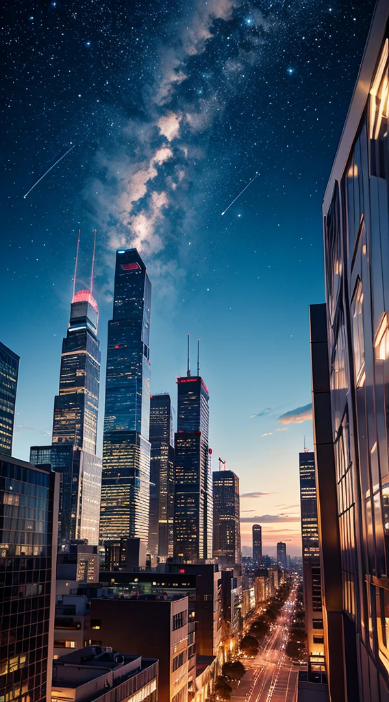 Skysky， As estrelas， scenecy， starrysky， natta， Libido boy， nigh sky， solo， exteriors， signatures， build， Clouds， galactic， sitted， The tree， long whitr hair， City， silhouettes， view over city