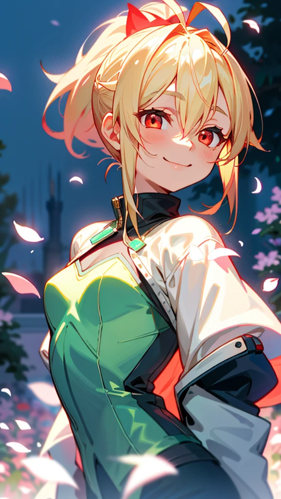 1 person、Riders jacket、Small breasts、blonde、ponytail、Glowing red eyes、Ahoge、From the side、Wicked Smile、1 beautiful and delicate portrait、The background scenery is a garden where petals are scattering.