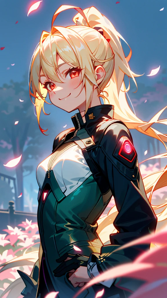 1 person、Riders jacket、Small breasts、blonde、ponytail、Glowing red eyes、Ahoge、From the side、Wicked Smile、1 beautiful and delicate portrait、The background scenery is a garden where petals are scattering.