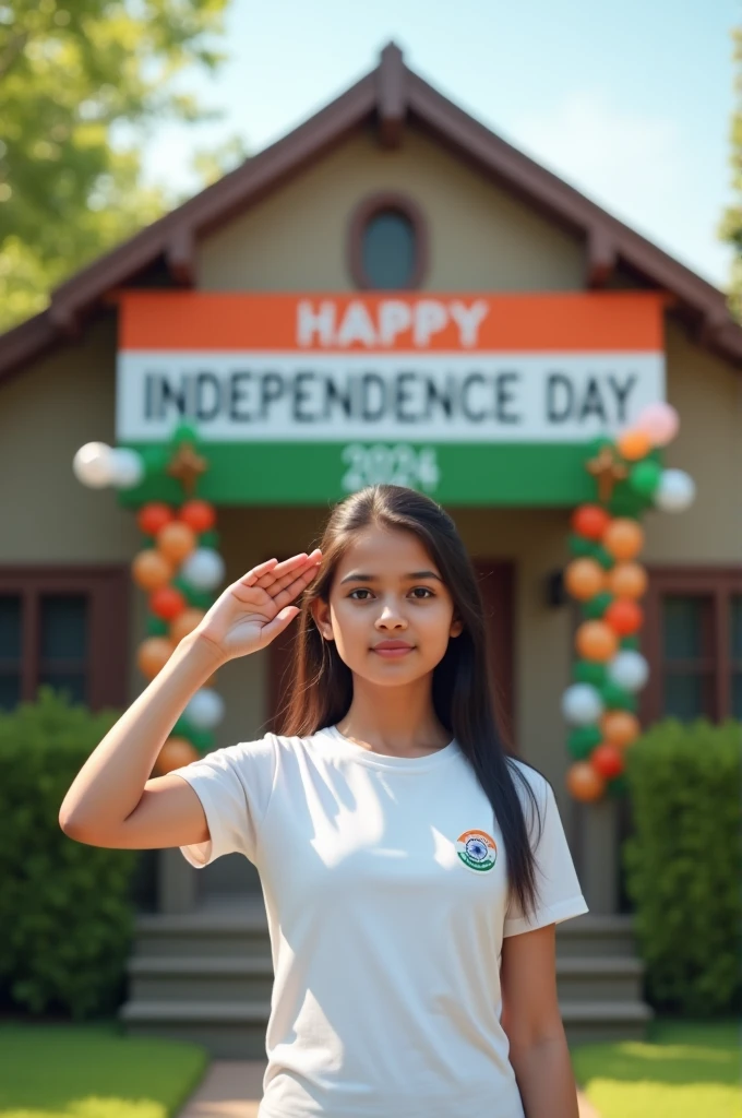 A real 20 year old girl , wearing a white "usha" T-shirt stands in front of a house decorated with Indian flags and tricolor balloons, saluting for an upcoming Independence Day celebration. The house has a large banner that reads "HAPPY INDEPENDENCE DAY 2024 and make sure text should be correct.