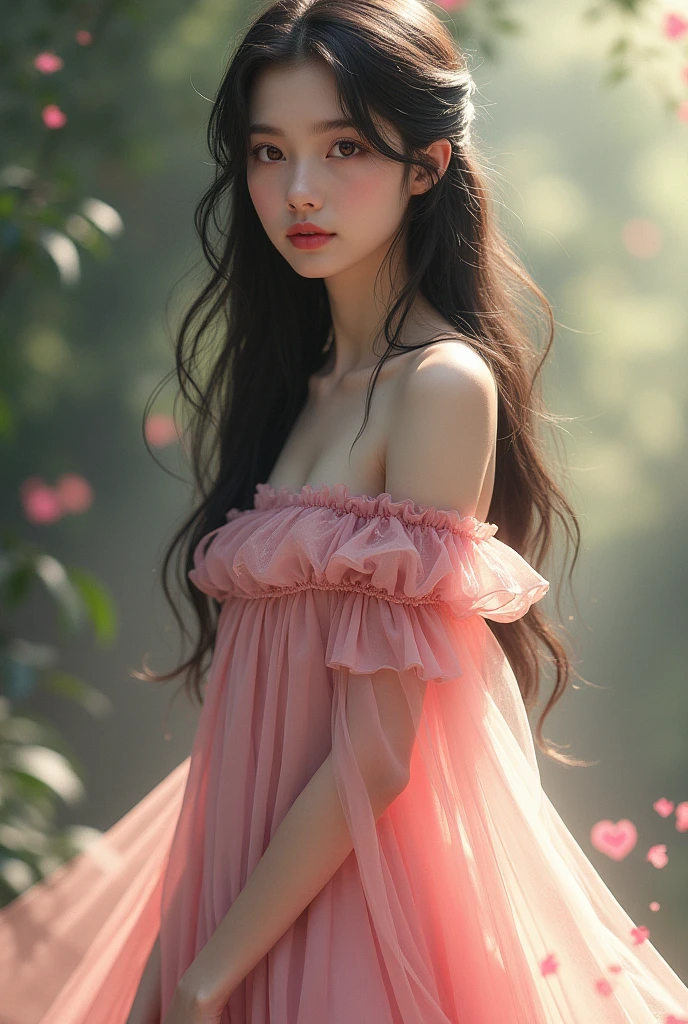 A girl with long, flowing hair and striking black eyes. She is wearing a beautiful, long pink dress that gently drapes around her. Her dress has delicate, intricate patterns, and she stands in a serene, graceful pose."
