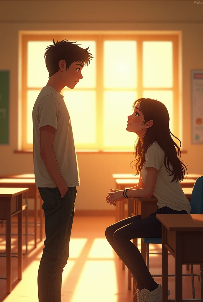 
**"An empty classroom with sunlight coming through the window, creating a bright reflection on the ground. in the center of the classroom, A tall young man (David) sees a young woman with brown hair (Anna) sitting at one of the desks. Capture the atmosphere of surprise and confusion on the faces of both characters as they find themselves in a dreamlike setting. The classroom should reflect a sense of calm and mystery, accentuated by the sunlight and the absence of other students."**