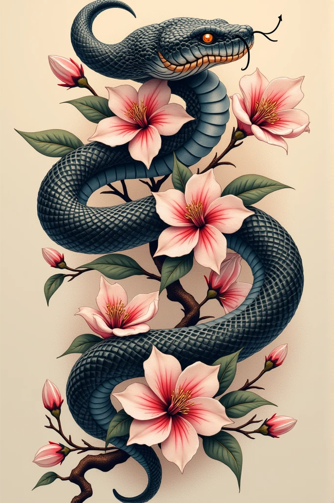 Japanese tattoo snake cherry blossom realistic (8k, RAW photo, best quality, masterpiece:1.2), ultra detailed, high detail RAW color photo