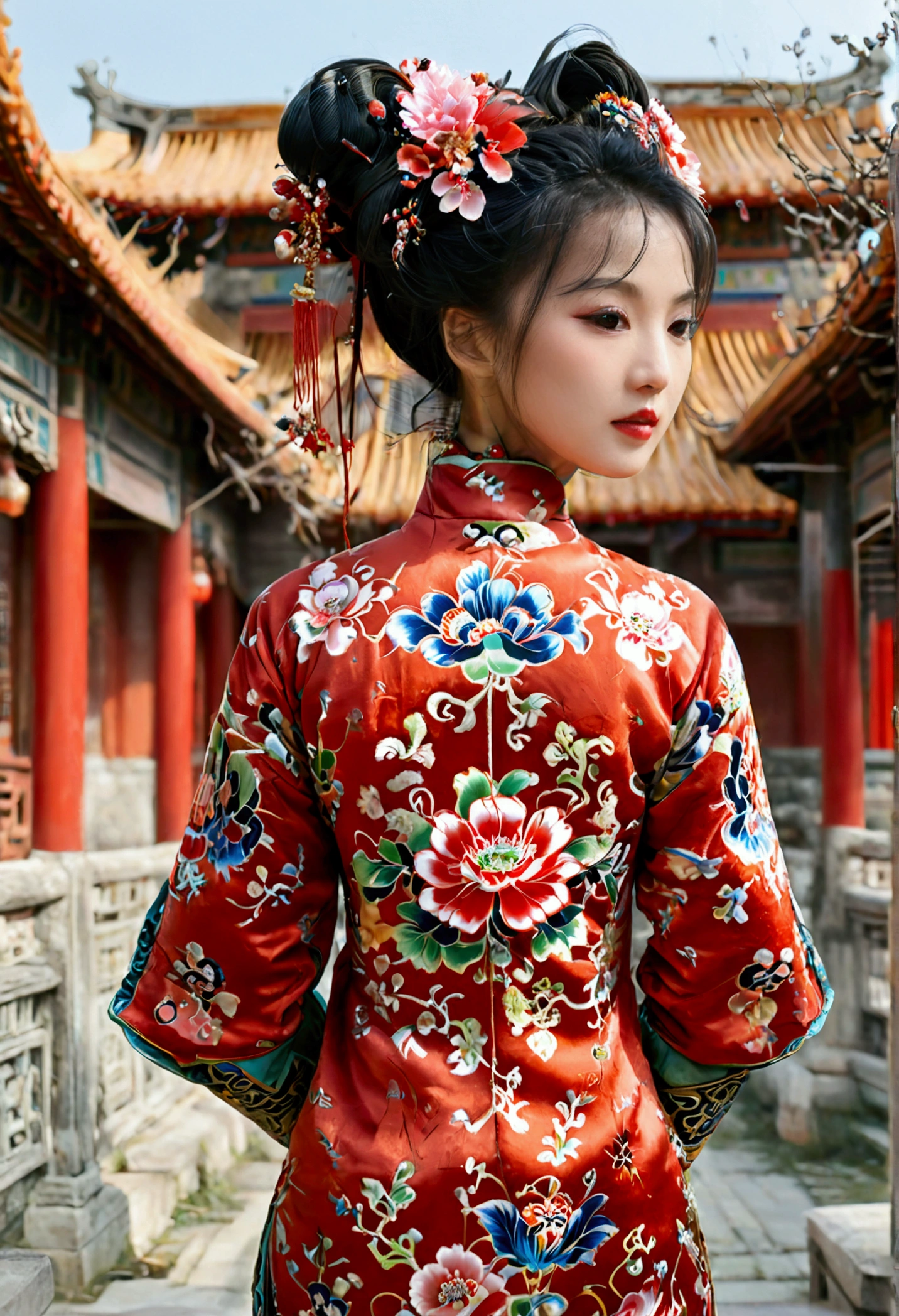 Front view of a full-body figure outside a Chinese palace during the Qing Dynasty、A 39-year-old woman is wearing a Manchu dress with a flashy red floral pattern. The front of the Manchu dress is open all the way down to the bottom. Her large breasts are exposed, and her hairy vagina is visible. The flashy flower arrangement is a big decoration on both sides of the head.、Her hair is tied up and pulled up, and her sexy breasts and stomach are exposed.、Large breasts are visible when naked、The naked Manchu's clothes are open at the front。Tie your bangs up.、A woman with her hair tied up and pulled up, no panties, no pubic hair showing, standing from the front, full body, facing forward
