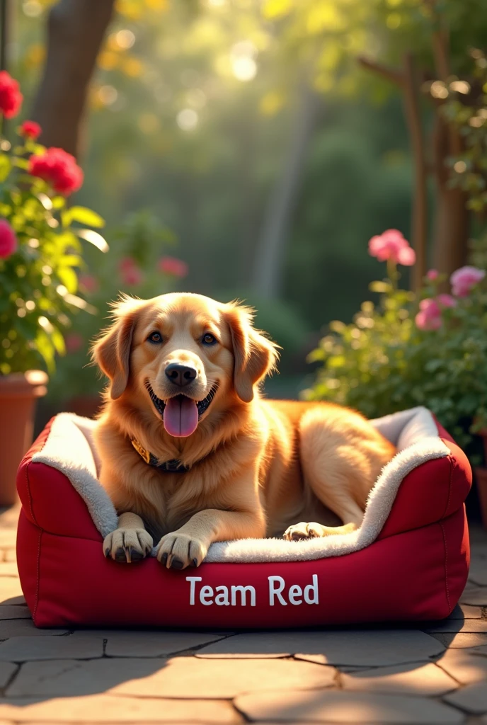 A dog bed with 'Team Red' written on it in the background of a garden