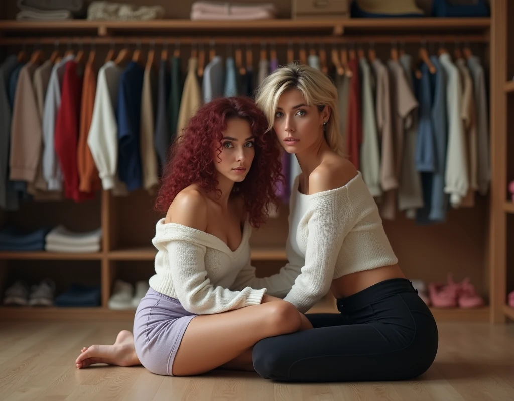 170 cm tall, 24-year-old woman, vibrant maroon wavy medium length layered parted to the side hair, porcelain skin, fit toned figure, pale blue eyes, Caucasian-Mixed race features, wearing a white off shoulder sweater and lavender shorts, incredulous expression, on the floor, straddling the hips of a 22-year-old male who has a lean figure with short platinum blond layered hair with side swept bangs, blue eyes and Germanic-Icelandic features wearing tight black pants and a red shirt pinned beneath on the floor, inside a giant walk in closet, photorealistic, cinematic
