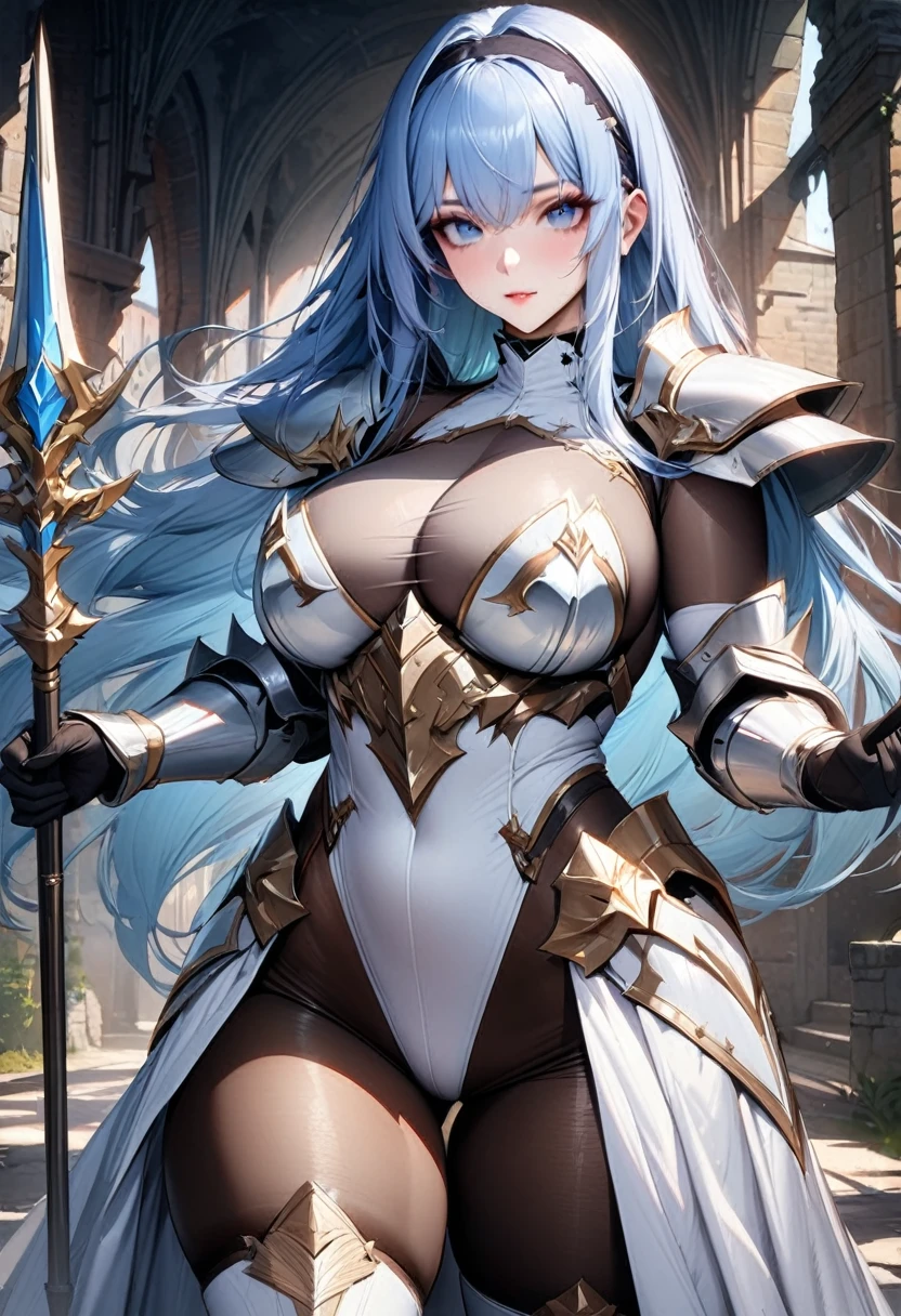 ((highest quality)), ((masterpiece)), ((hyperrealistic)), (solo), 1girl, ((curvy)), ((skindantation: 1.2)), perfect face, ((Azur Lane)), ((armored long skirt dress: 1.2)), ((paladin armor)), ((skin-tight high neck white leotard: 1.4)), ((white knight armor breastplate)), ((skin-tight black Investigator Bodystocking)), ((large pauldron)), (long gauntlet gloves), ((light blue hair straight long hair)), ((large breasts that look like they might burst)), ((pantyhose thighs)), (white knee-high boots), ((see through cleavage cutout)), zettai ryouiki, hair band, beautiful blue eyes, Perfect hands, perfect fingers, A magical spear decorated with luxurious goldwork., prepare a spear, makeup, Medieval town and castle
