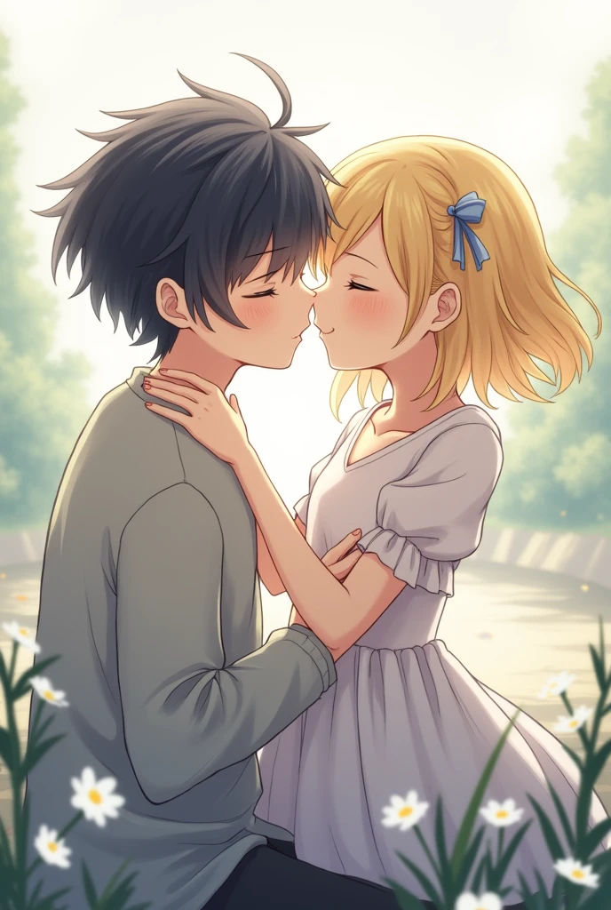 A blonde girl with a blue lock of hair kissing a black-haired boy