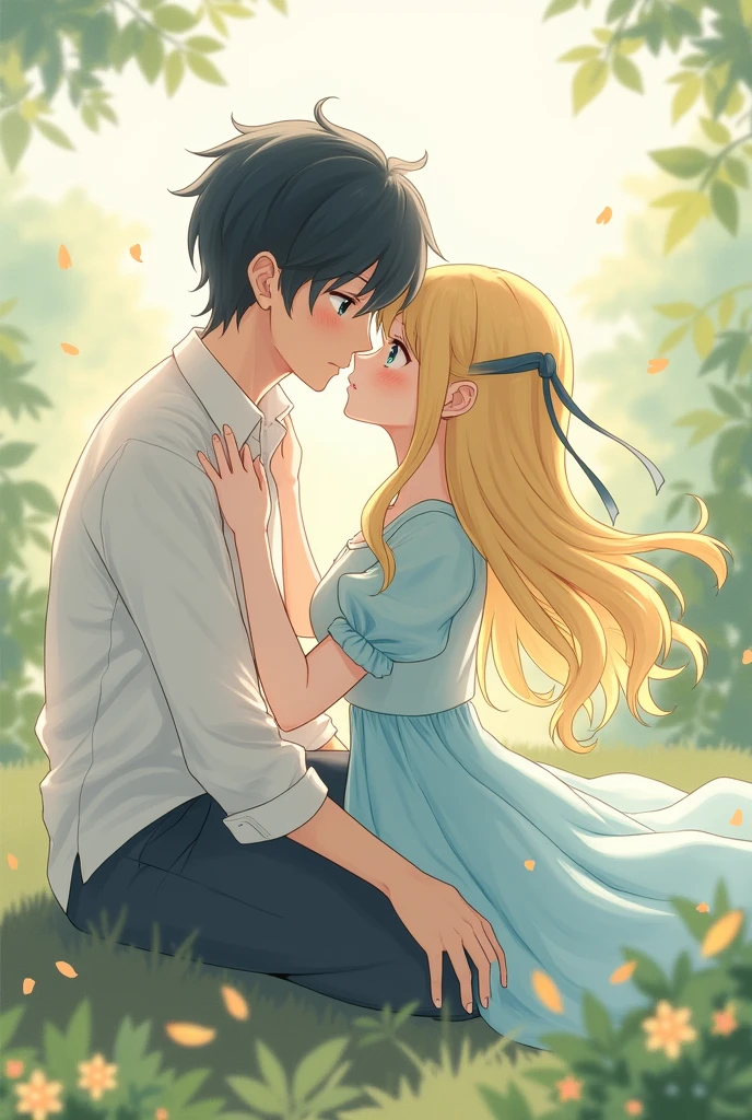 A blonde girl with a blue lock of hair kissing a boy with not so black hair