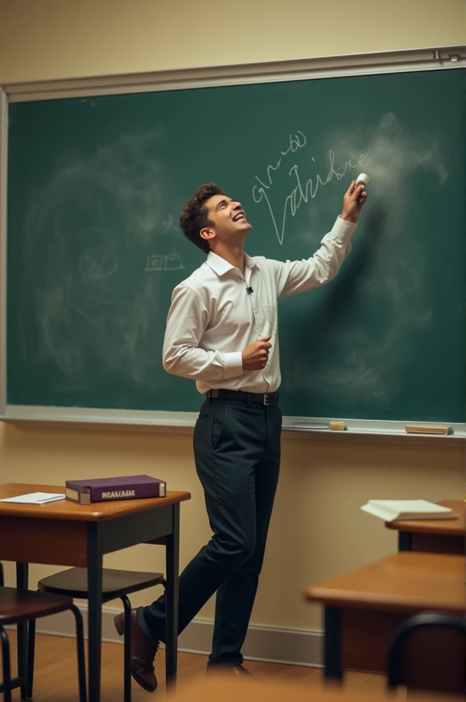 A teacher erasing the board and sneezing 
