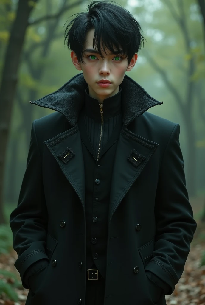 (tmasterpiece, Best quality, Ultra-high resolution), 1 young handsome man,Green iris,Black short hair,Fair skin,Black coat with a black fantasy-style lining,Have dark circles,Hands in pockets,Floating in the air