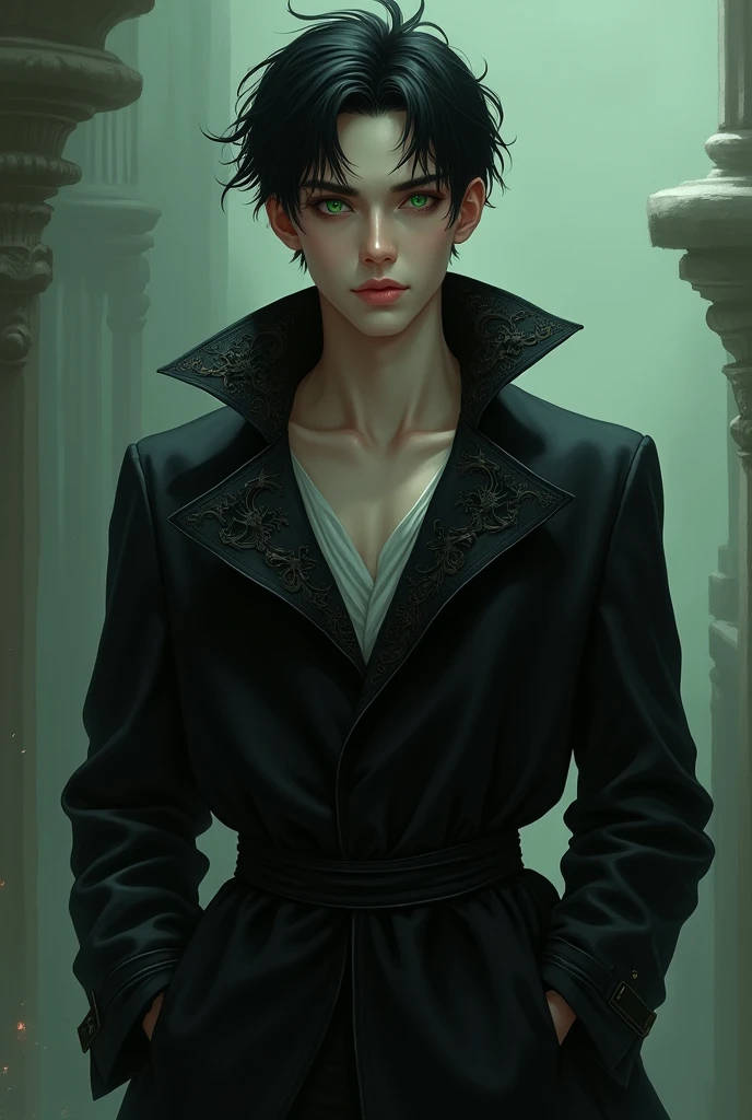 (tmasterpiece, Best quality, Ultra-high resolution), 1 young handsome man,Green iris,Black short hair,Fair skin,Black coat with a black fantasy-style lining,Have dark circles,Hands in pockets,Floating in the air