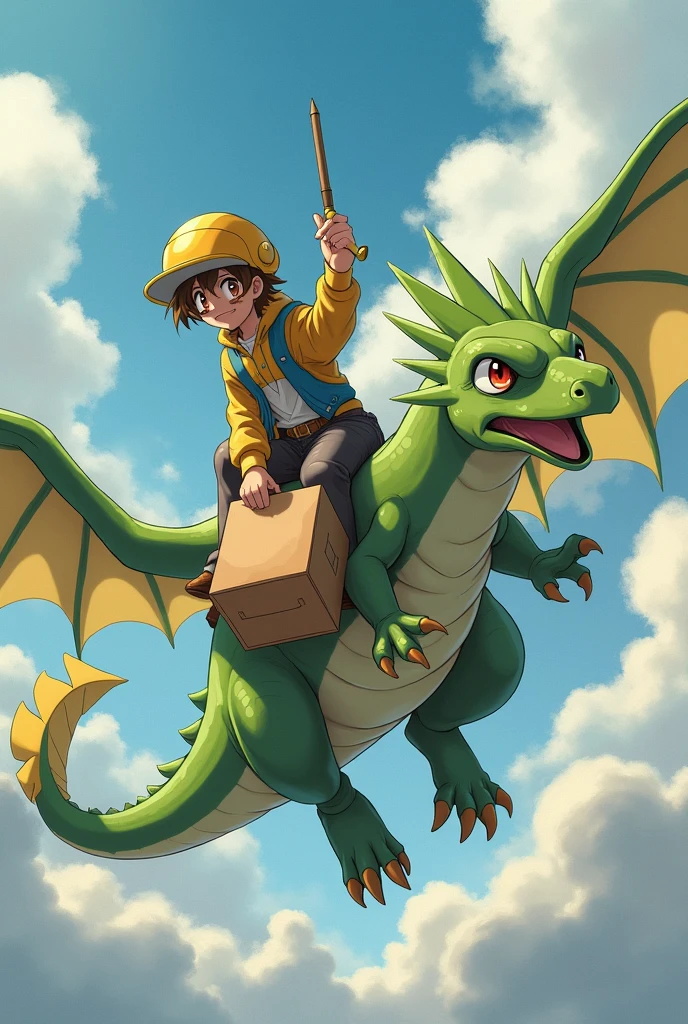 pokemon with a box and a bird in a helmet, dra the dragon, dragon! dragon!, dragon! dragon! dragon!, dragon flying, dragon, dragon rider, dragon!, as an anthropomorphic dragon, dragon flying in the background, a dragon with a hat, riding a dragon, official art, dragon! man, dragon flying in the sky, penis, cum