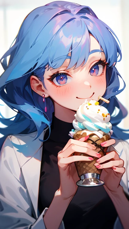 A woman eating ice cream with a smile