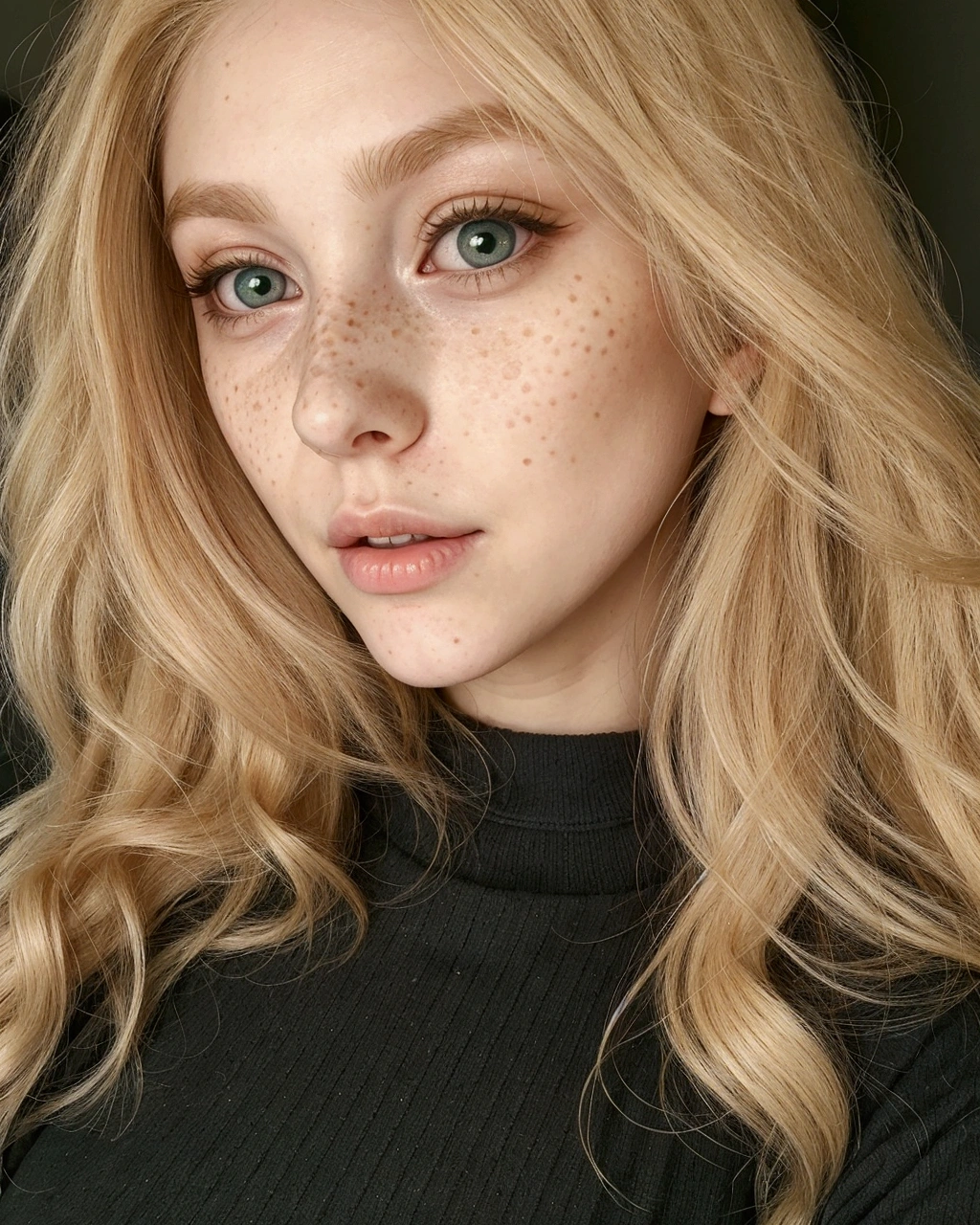 A blonde with long hair and green eyes looks into the camera., blonde hair and big eyes, long blonde hair and big eyes, pale skin, Curly blonde hair, Girl with blond hair, длинные blonde hair and big eyes, light freckles, light cute freckles, very light freckles, perfect face ), Alexa Grace, Portrait of Kim Petras, beautiful fine facial features