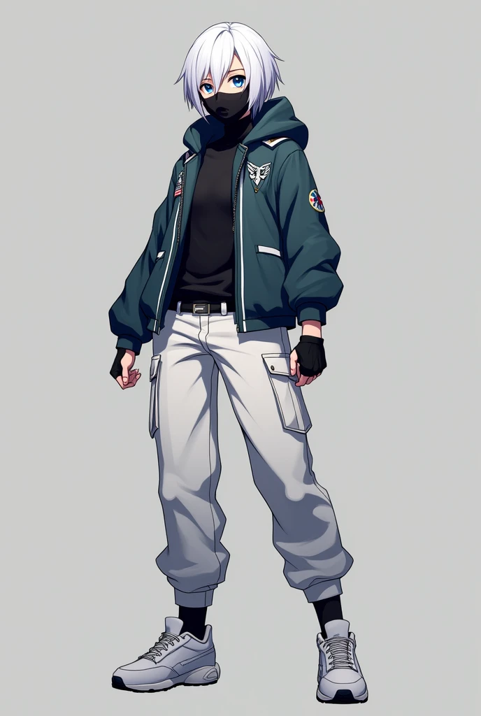 Create a Free Fire character in anime style, white militar short hair, blue colored eyes, black mask in the mouth, long-sleeved shirt with a black turtleneck, white skin color, down pants and white sneakers, confident expression