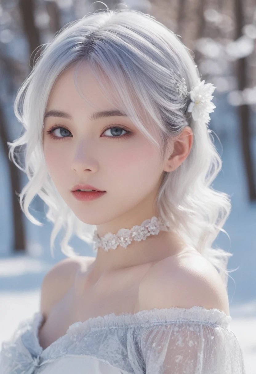 1girl,(Snow,Ice),snowflower,In winter,White hair,Shiny hair,Wavy hair,Transparent clothes,frilld,Lace,Wet clothes,Off_Shoulder,hair scrunchie,Masterpiece,Telephoto lens,absurderes,Exquisite facial features,