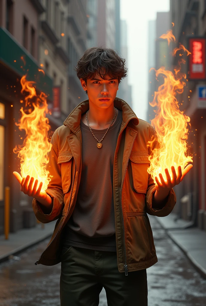 A young boy  holding fire superpower his age should be 20 dress like city boy make him realistic