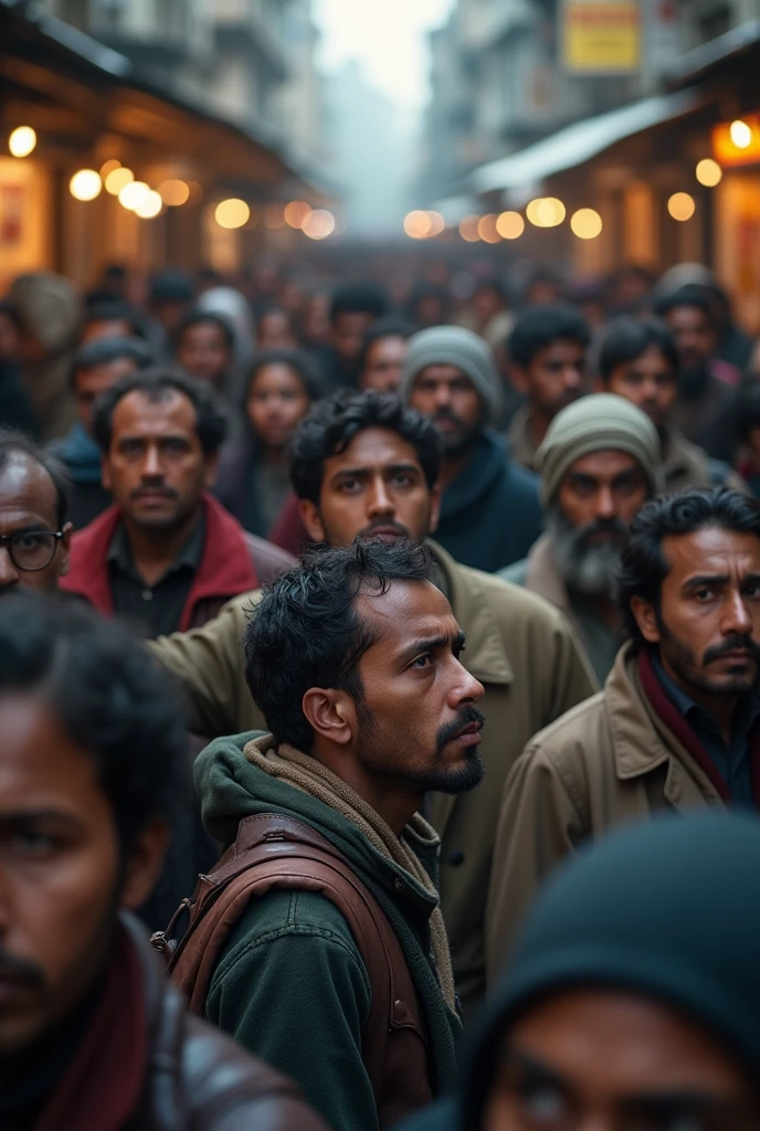 Photos of long queues at the market or people buying basic necessities with worried expressions.