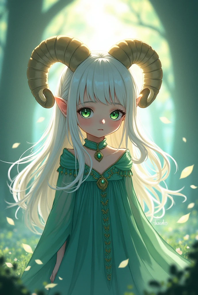 Ram&#39;s horn、Long white hair、10 years old、Anime Style、Green and Blue Odd-Eye、Mokomo this dress